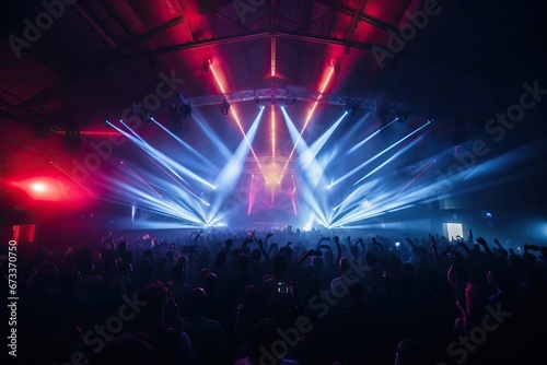 Concert stage inside a big venue, people are visible waving and clapping. Only silhouettes are visible before stage spotlights.