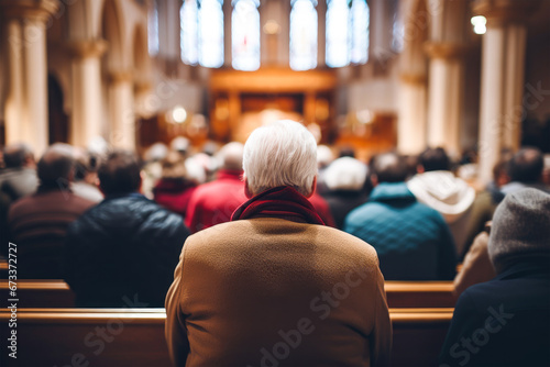 senior man attending the Christmas Service in the church. AI generated