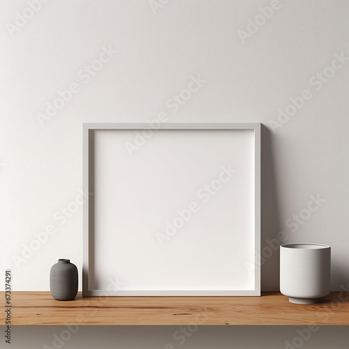 Wooden frame template for showing drawings and pictures. Blank empty frame in wood for showcase. Empty wooden frame leaning against a white wall on a hardwood floor
