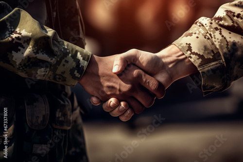 A close-up view captures the powerful moment as two military men in uniform firmly shake hands in a show of camaraderie and trust. 