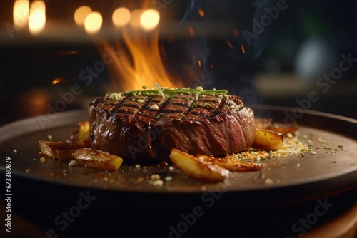 Grilled steak, seared on a pan, perfectly cooked.