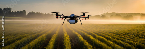 Agricultural drone spraying a field, mid-morning light, highly detailed, crop rows in background,