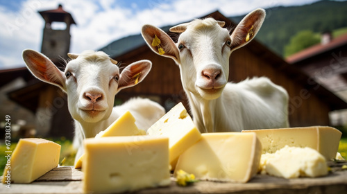 cheese products on the background of goats. Generative AI