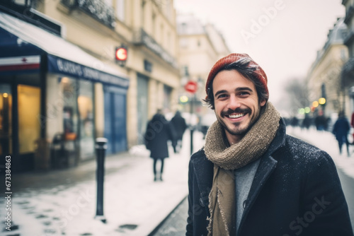 Portrait of young happy smiling man in winter clothes at street Christmas market in Paris. Real people