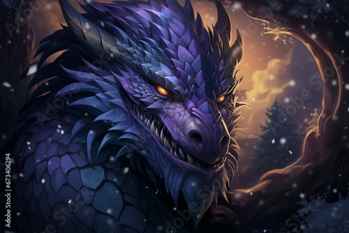 Illustration of a purple fantasy dragon. Mythical formidable creature. An ancient fairy-tale beast. A giant fire-breathing monster.