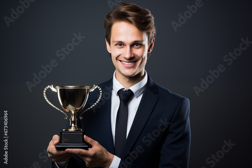 A cheerful employee receiving a trophy with "Top Performer" engraved, recognizing their excellence, creativity with copy space