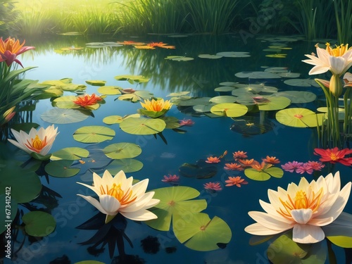 water lilies floating in a pond with lily pads