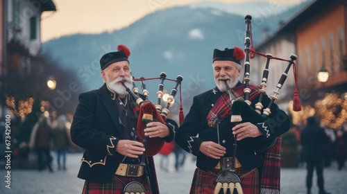 musicians in Scottish clothing perform Christmas carols on bagpipes in the square