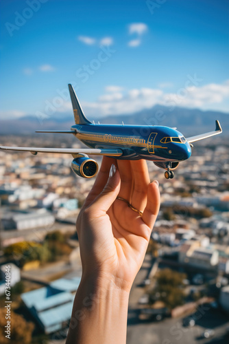 A hand holding a model of an airplane. Aerial view of city on background.