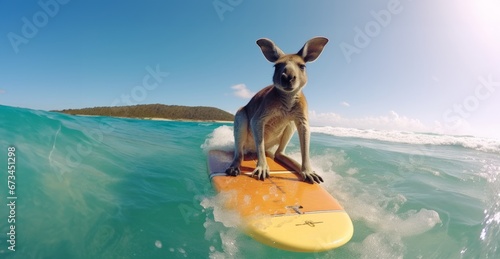 Kangaroo surfing on the board. Concept for Australia day