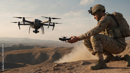 A reconnaissance soldier deploys an unmanned drone to obtain information about the enemy. Transforming the art of war: Quadcopters and modern conflicts