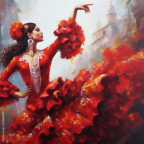 Oil painting artistic image of spanish woman dances passionate flamenco. Generative AI.