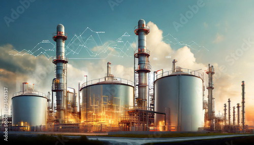 oil and gas power plant refinery with storage tanks facility for oil production or petrochemical factory infrastructure and oil demand price chart concepts as wide banner with copy