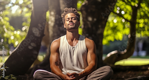 Mindful Moments: Young Male Practicing Meditation at Park