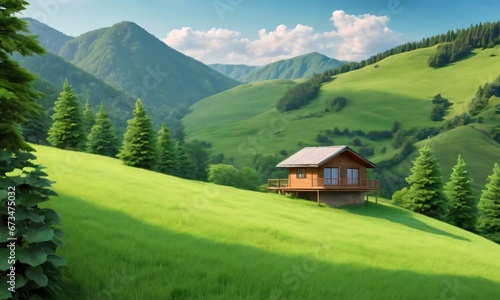 Green Hill Mountain Nature Landscape With An Outdoor House.