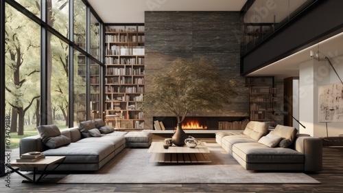 Modern luxurious living room with a fireplace. Minimalist style interior design