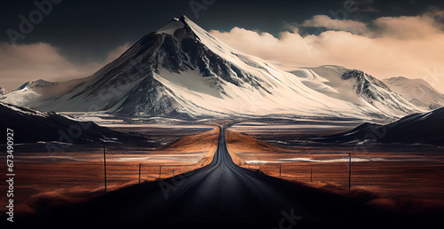 Asphalt road stretching into the distance, mountain snowy landscape - AI generated image