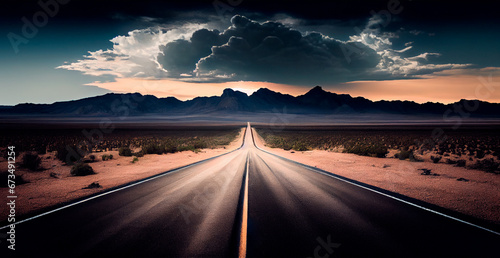 Asphalt road stretching into the distance, cloudy landscape - AI generated image