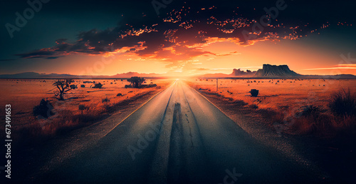 Asphalt road stretching into the distance, mountain sunset - AI generated image