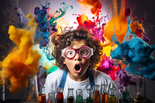 Surprised Child Boy Observing Colorful Chemical Reaction