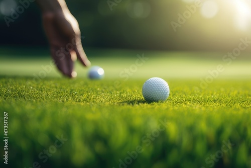 blurred golfer hand taking golf ball on a green meadow of a golf course