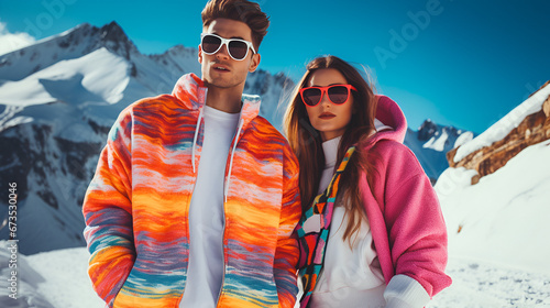 retro couple in 80s, 90s y2k fashion clothes enjoying winter vacation
