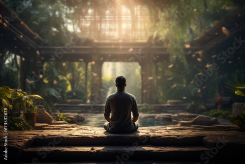 A person meditating in a tranquil garden, exuding the happiness of mindfulness and self-discovery. Concept of meditation and personal growth. Generative Ai.
