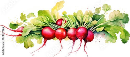 On a white background a red radish with green leaves is depicted in watercolor