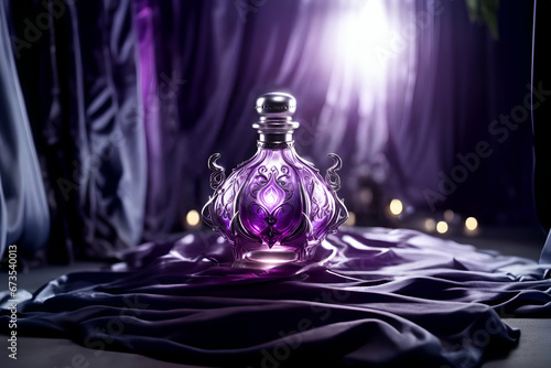 Shiny silver embroidered, unique and glowing purple magic elixir potion bottle - Generative AI