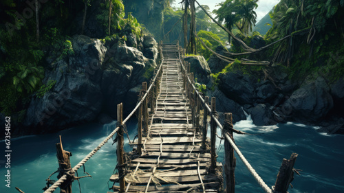 Old suspension bridge across river in jungle, perspective view of rope wood footbridge. Scenery of tropical forest with water. Concept of suspension, travel, adventure, nature