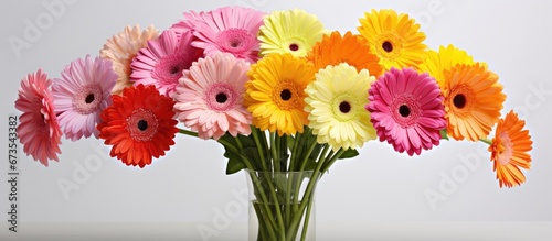 A closeup of a bouquet containing various colored gerbera flowers