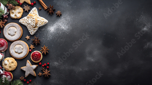 Christmas baking background with assorted cookies and sweet treats. Overhead view on a dark stone background. Holiday baking concept.