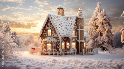 gingerbread house in style of realistic houses in snowy village
