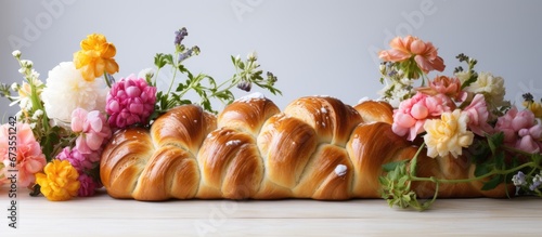 On a white table fresh flowers adorn the homemade challah for Shabbat