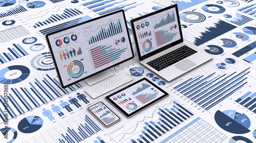 ビジネスデータを表示するPCと様々なグラフやチャート、ビジネスデータを分析・検討するイメージ