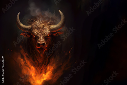Image of an angry bull head with a burning fire on black background. Wildlife Animals.