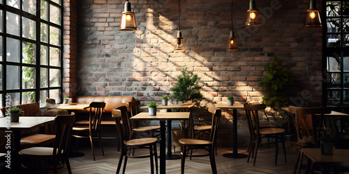 Dine in Style: Rustic Restaurant with Brick Wall and Vintage Decor,AI Generative 