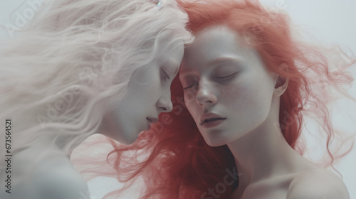 Two women facing each other with eyes closed