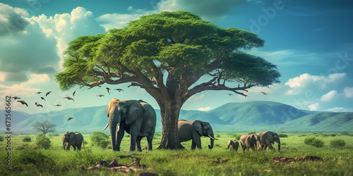 herd of elephants ,Group of Elephants Under the Big Green Tree in Wilderness