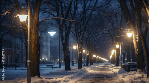 冬の夜の道、雪が積もった歩道の風景