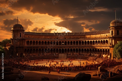 Spectacular bullfighting arena, highlighting the grandeur of the sport during the festival, Generative AI