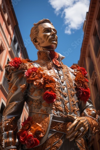 Iconic San Fermín statue in Pamplona, a symbol of the festival's heritage, Generative AI