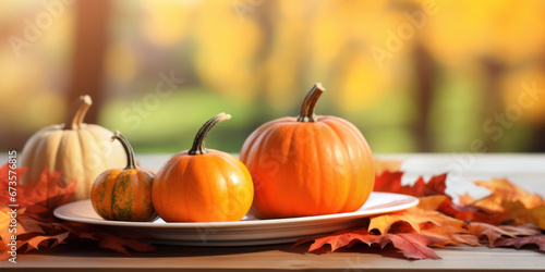 Empty place setting with a plate and silverware on a plain background with pumpkins and an autumn theme