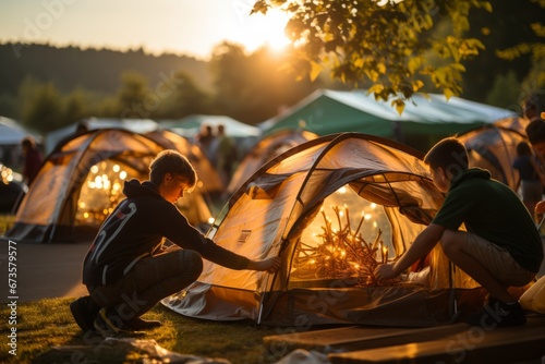 Children learning to set up their own tents as they embark on a camping adventure at summer camp, Generative AI