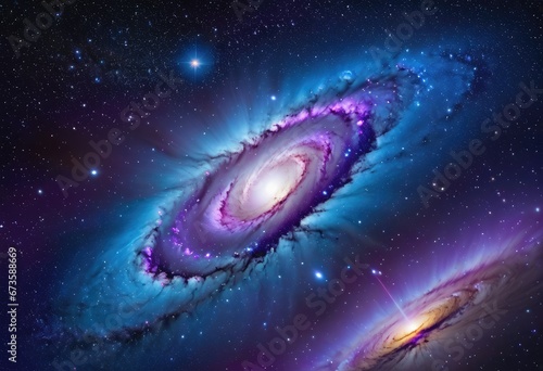  A stary night cosmos with a purple and blue space galaxy cloud nebula. The nebula is surrounded by a ring of dust and gas. A comet is passing by the nebula