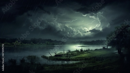 A tranquil riverside scene in the countryside, interrupted by the approaching storm's dark clouds and the threat of heavy rain.
