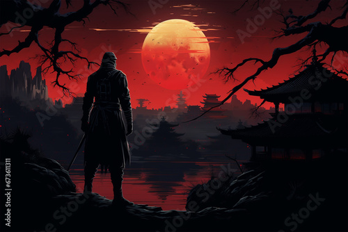 Japanese fantasy illustration with a ninja background