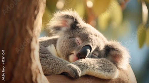 a koala bear sleeping on a tree