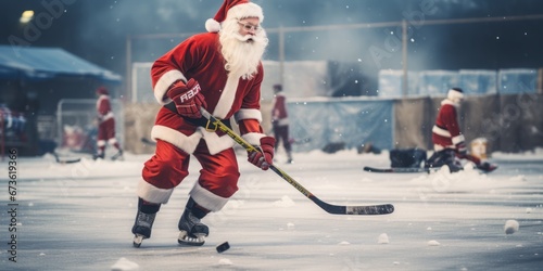 Santa is playing hockey on the field.