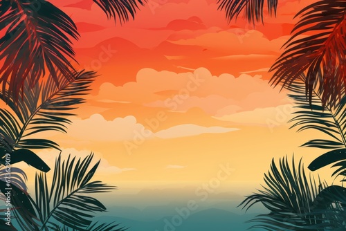 Tropical and summery social media background with palm leaves and sunsets